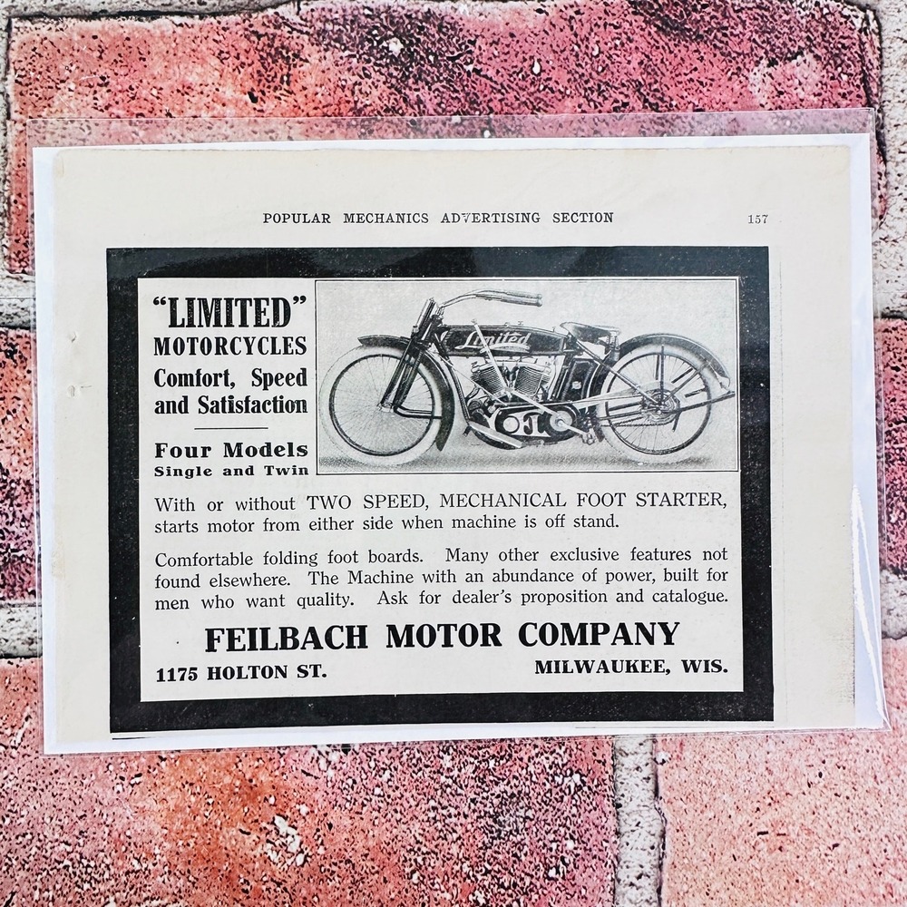1914 Feilbach Motor Company Limited Motorcycles - Original Antique Vtg PRINT AD